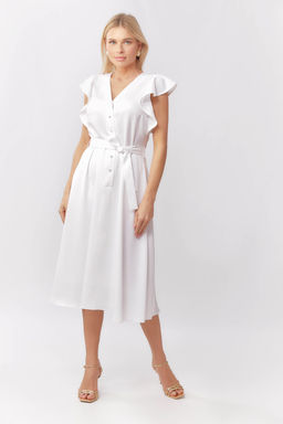 Платье отрезное по талии с рукавами-крылышками и струящейся юбкой из легкого тенселя в белом цвете