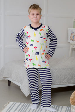Пижама детская из джемпера и брюк без манжет из интерлока Сафари темно-синий полоса - Амадэль фото 12