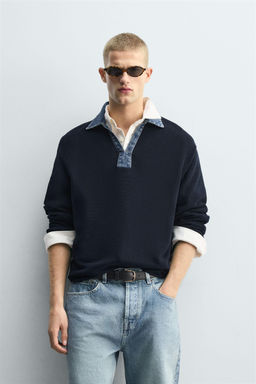 DENIM COLLAR COMBINATION KNIT POLO SHIRT - Zara фото 2