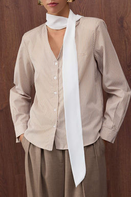 Bej Cizgili Sal Yaka Detayl? Gomlek TWOAW26GO00034 - Trendyolmilla фото 3