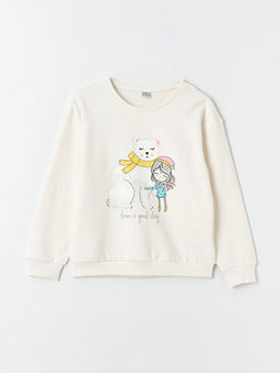 Bisiklet Yaka Bask?l? Uzun Kollu K?z ?ocuk Sweatshirt
