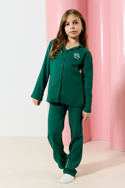 Zumrut Yesili K?z Cocuk Desenli Mini Me Anne K?z PIjama Tak?m?