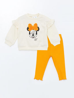 Bisiklet Yaka K?sa Kollu Minnie Mouse Bask?l? K?z Bebek Sweatshirt ve Tayt 2li Tak?m