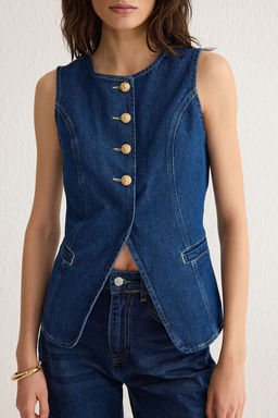 TRENDYOLMILLA Koyu Mavi Gold Dugmeli Dikis Detayl? Denim Yelek TWOSS25YE00001  фото 3
