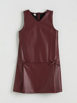 Fiyonk Detayl? Deri G?r?n?ml? K?z ?ocuk Elbise