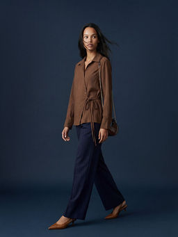 Beli Lastikli ?izgili Kad?n Pileli Pantolon