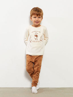 Bisiklet Yaka Uzun Kollu Winnie the Pooh Bask?l? Erkek Bebek Pijama Tak?m?