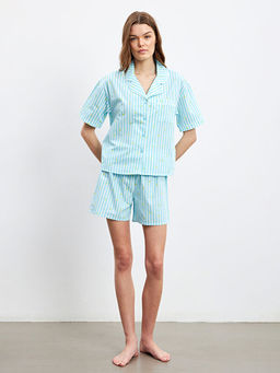 G?mlek Yaka ?izgili Kad?n ?ortlu Pijama Tak?m?