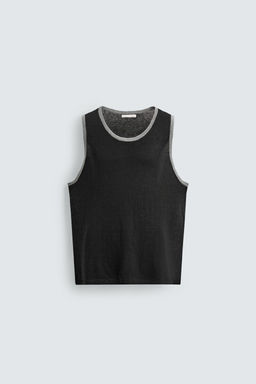 CAMISETA TANK PUNTO MEZCLA LINO CONTRASTE / Negro