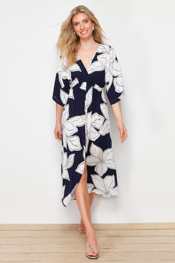 Lacivert Cicek Desenli A Kesim Kruvaze Yaka Midi Dokuma Elbise TWOSS24EL00913