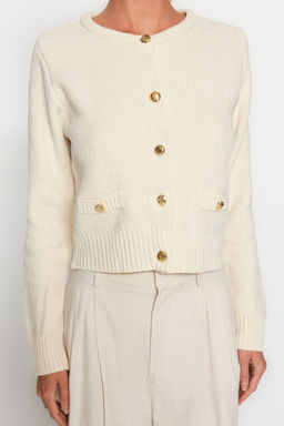 Ekru Crop Premium Iplik/Ozel Iplik Cep Detayl? Triko H?rka TWOAW24HI00051