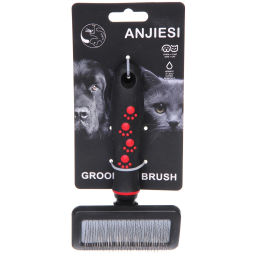 Расческа - пуходерка для животных "ПРОФФ - МОЙ БРО", прорезиненная ручка, цвет красный/черный, 9,5*16,5см