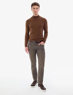 Koyu Kahverengi Slim Fit Yar_m Bal_k__ Yaka Basic Triko Kazak