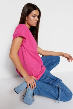 TRENDYOLMILLA Beyaz %100 Pamuk Bisiklet Yaka Oversize/Genis Kal?p Orme T-Shirt TWOSS20TS0134 фото 8