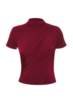 Bordo Drapeli Fitted/Vucuda Oturan K?sa Kollu Dik Yaka Esnek Orme Bluz TWOSS24BZ00426