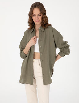 Haki Oversize Uzun Kollu %100 Keten G_mlek
