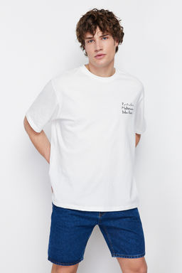 Ekru Oversize/Genis Kesim Manzara Bask?l? %100 Pamuklu K?sa Kol T-Shirt TMNSS24TS00124 - Trendyolmilla фото 3