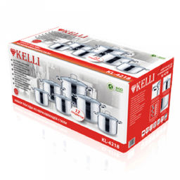 Набор посуды из нержавеющей стали "Kelli" 12 предмета: кастрюля 2,1л - д16см, 2шт: 3л - д18см, 4л - 20см, 6,6л - д24см, 8,2л - 26см, стеклянная крышка, пароотвод, клепаные ручки, 5-ти слойное капсульное дно, цветная коробка (Китай) Подходит для всех