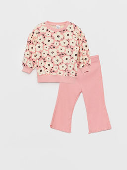 Bisiklet Yaka Uzun Kollu Desenli K?z Bebek Sweatshirt ve Pantolon 2li Tak?m