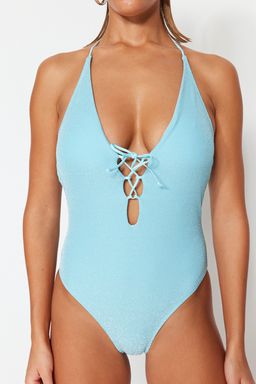 Mavi Derin Dekolteli Biyeli Simli Normal Paca Mayo TBESS23MA00324