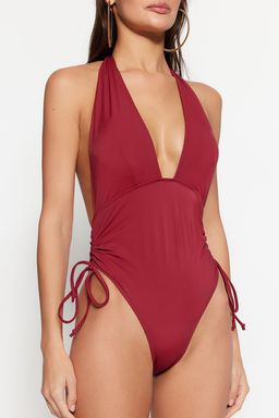 Bordo Derin Dekolteli Buzgulu High Leg Mayo TBESS23MA00217