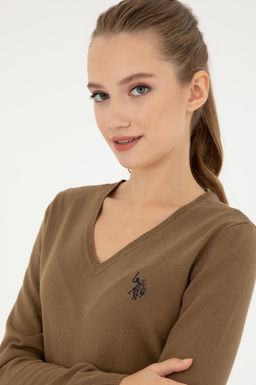 Женский базовый свитер темно-хаки меланжевого цвета с v-образным вырезом Неожиданная скидка в корзине - U.s. polo assn фото 2