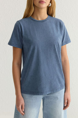 Indigo Y?kamal? %100 Kal?n Pamuklu Premium Basic Bisiklet Yaka Orme T-Shirt TWOSS23TS00042