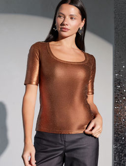 Футболка облегающая из хлопка в рубчик с U вырезом и матовым покрытием металлик - Vilatte фото 4