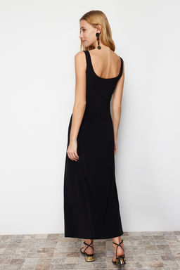 Siyah Duz Maxi Ask?l? Skater/Belden Ac?lan Esnek Orme Elbise TWOSS24EL00411 - Trendyolmilla фото 6