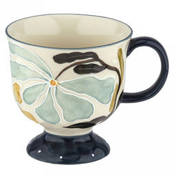 Кружка фарфоровая "Пробуждение" 500мл, д11,3см, h11,6см, на ножке, глянцевая фактурная глазурь, с деколью "Цветы", кремовый/темно-синий, в коробке (Китай)