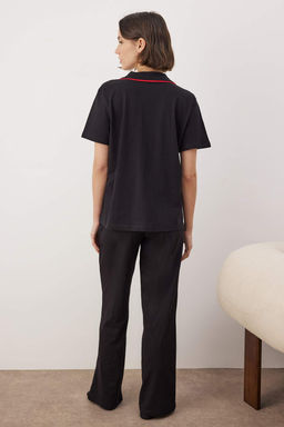 Siyah %100 Pamuklu Kalp Nak?sl? Orme Pijama Tak?m? THMAW26PT00143