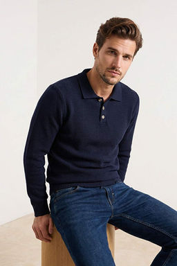 Lacivert Regular Polo Yaka D__meli Dokulu Kazak TMNAW26KZ00010