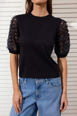 Siyah Tul Detayl? Bisiklet Yaka Triko Bluz TWOSS26BZ00132 - Trendyolmilla фото 3
