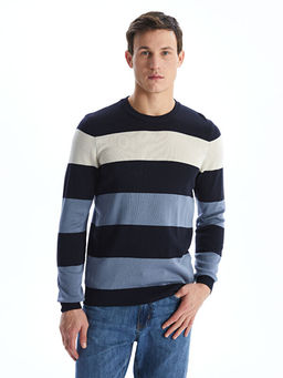 Bisiklet Yaka Uzun Kollu ?izgili Erkek Triko Kazak