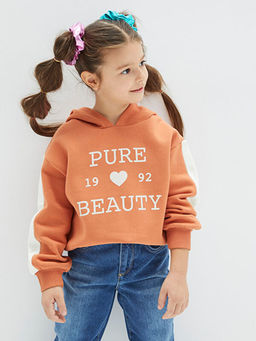 Kap??onlu Bask?l? Uzun Kollu K?z ?ocuk Sweatshirt