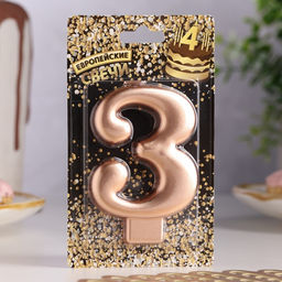 Цена за 3 шт. Свеча для торта «Европейская ГИГАНТ», цифра 3, 7 см, розовое золото
