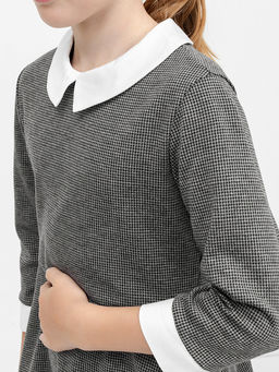 Серое платье с текстильным воротником и манжетами в гусиную лапку для девочек - Mark formelle фото 3