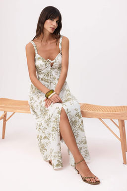 Yesil Cicekli Keten Gorunumlu Dokuma Elbise TWOSS26EL00664 - Trendyolmilla фото 2