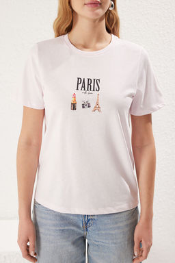 Trendyolmilla Ekru %100 Pamuk Regular/Normal Kal?p Slogan Bask?l? Orme T-Shirt TWOSS25TS00047 фото 3