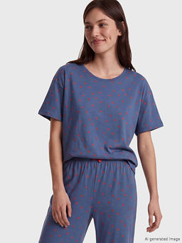 Bisiklet Yaka Bask?l? Kad?n Kaprili Pijama Tak?m?