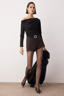 Siyah Super Mini Cep Detayl? Dokuma Sort TPRAW26SR00001 - Trendyolmilla фото 9