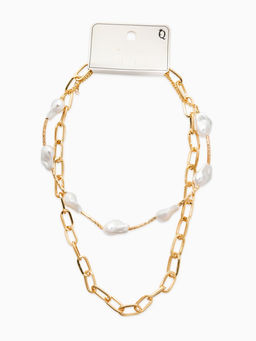 Колье "Жемчуг" борокко, цепь, 2 яруса, цвет белый в золоте