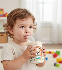 Цена за 2 шт. Кружка детская с крышкой, трубочкой и колпачком 300мл с декором"Львенок"(светло-бежевый)221502025/01