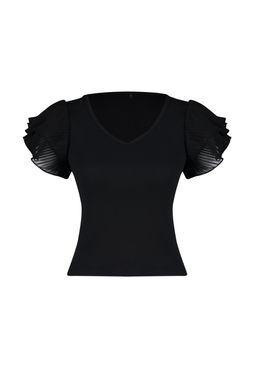 Siyah Kollar? Tul Detayl? Fitted/Vucuda Oturan V yaka Esnek Orme Bluz TWOSS24BZ00029 - Trendyolmilla фото 7