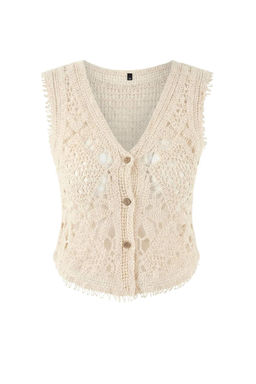 Ekru Premium Triko Ajurlu Crop V Yaka Plaj Yelek TBESS26YE00000 - Trendyolmilla фото 3