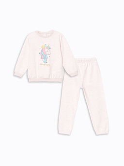 Bisiklet Yaka Bask?l? K?z Bebek Sweatshirt ve E?ofman Alt 2li