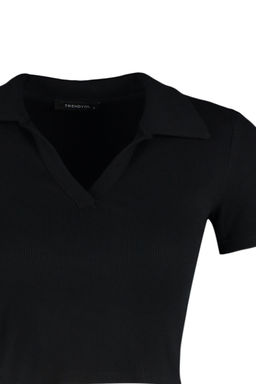 Siyah Fitted/Vucuda Oturan Crop Polo Yaka Fitilli Esnek Orme Bluz TWOSS21BZ0038