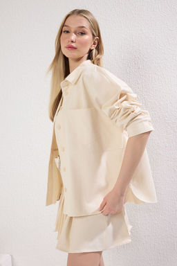 Bej S?rt? Dantel Detayl? Cepli Regular Gabardin Ceket TWOSS25CE00036 - Trendyolmilla фото 3