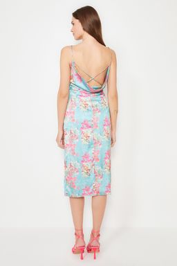 TRENDYOLMILLA Cok Renkli Cicek Bask?l? Dokuma Saten S?k Abiye Elbise TPRSS21EL3753 фото 8