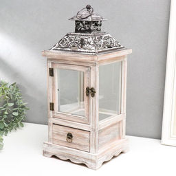 Деревянный подсвечник - фонарь на 1 свечу «С узорами на крыше», с ящиком, беж, 46×18×18 см